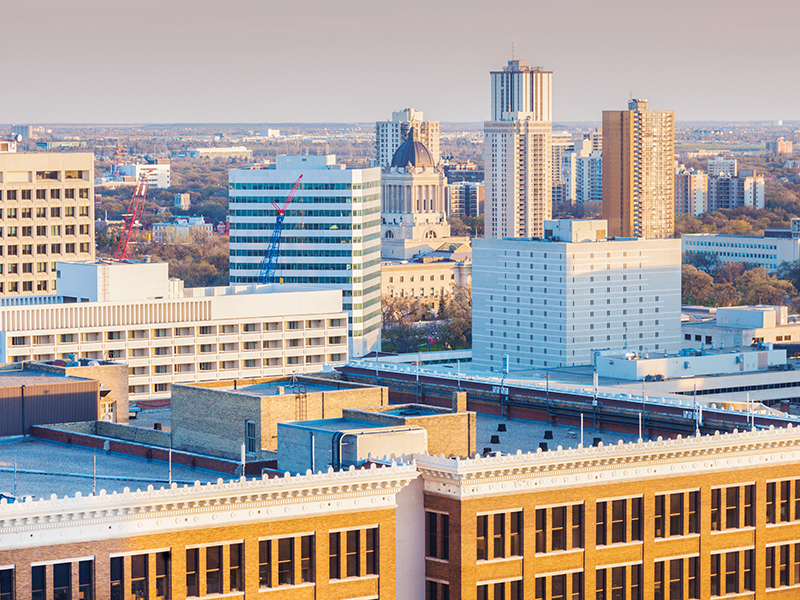 Skyline of Winnipeg with Manitoba Legislative Building. Winnipeg , Manitoba, Canada