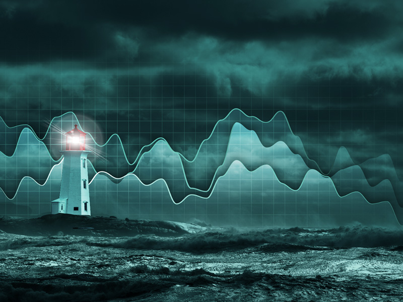 magnifier and graph, basic tools of technical analysis on the stock market.