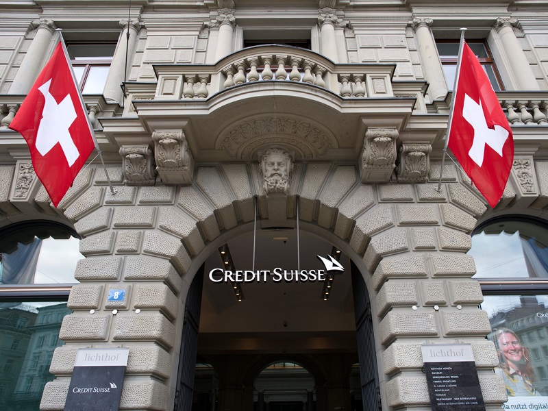 Entrance of historic bank building of Swiss bank Credit Suisse. Photo taken April 19th, 2021, Zurich, Switzerland.