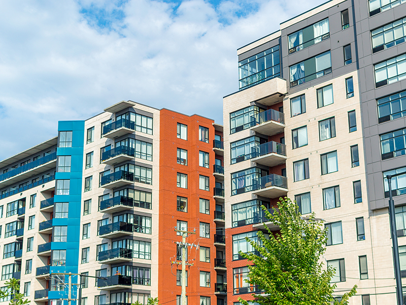 Modern condo buildings with huge windows in Montreal, Canada.