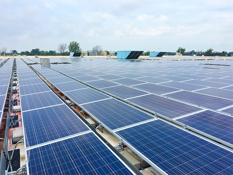 Solar lights on commercial building.