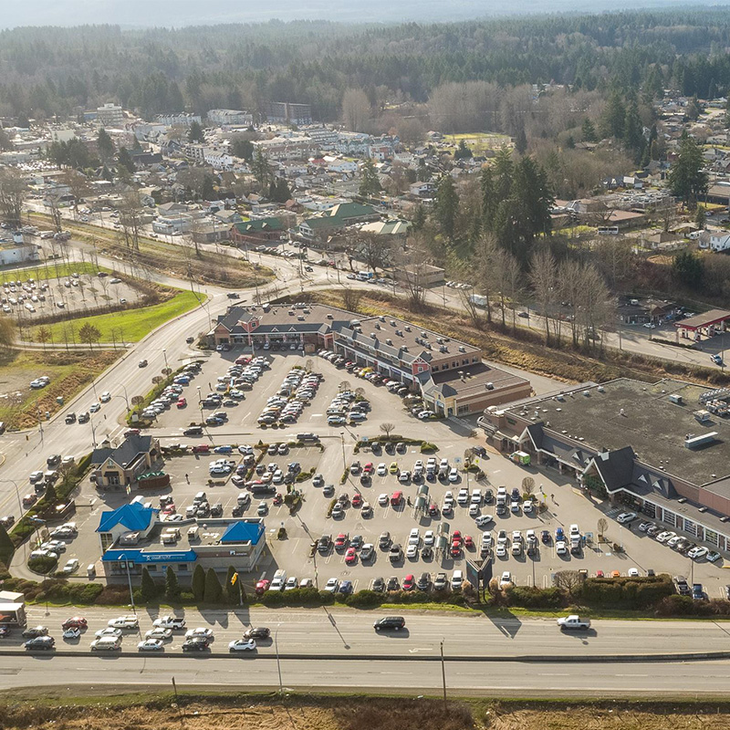 Aerial drone image of 2479-2763 Beverly Street (Beverly Corners Shopping Centre), in Duncan British Colombia.