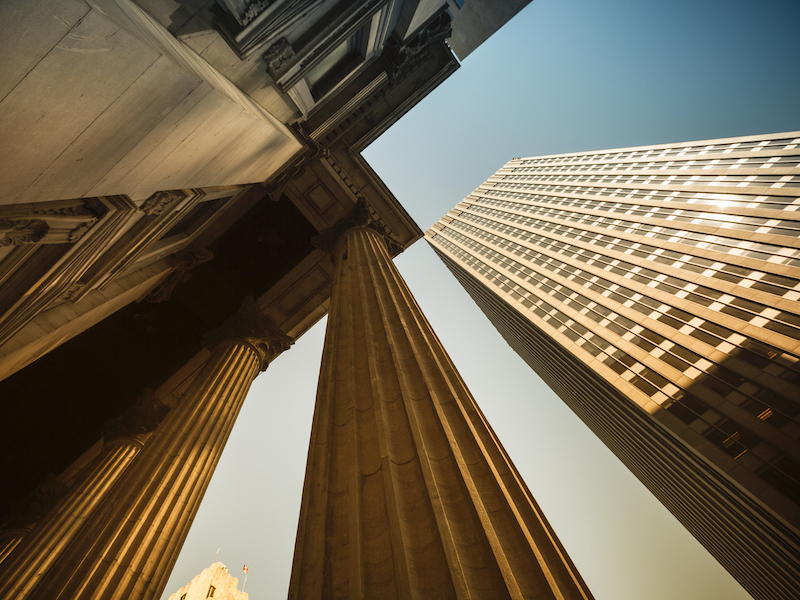 Business and financial district in a city with pillars