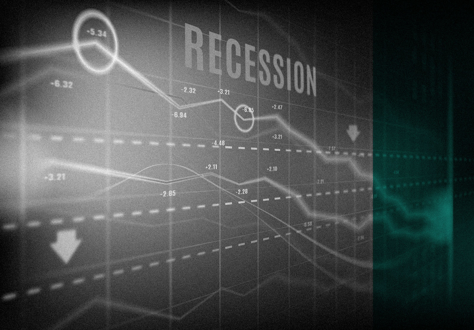 Downward graph, the word recession is prominent