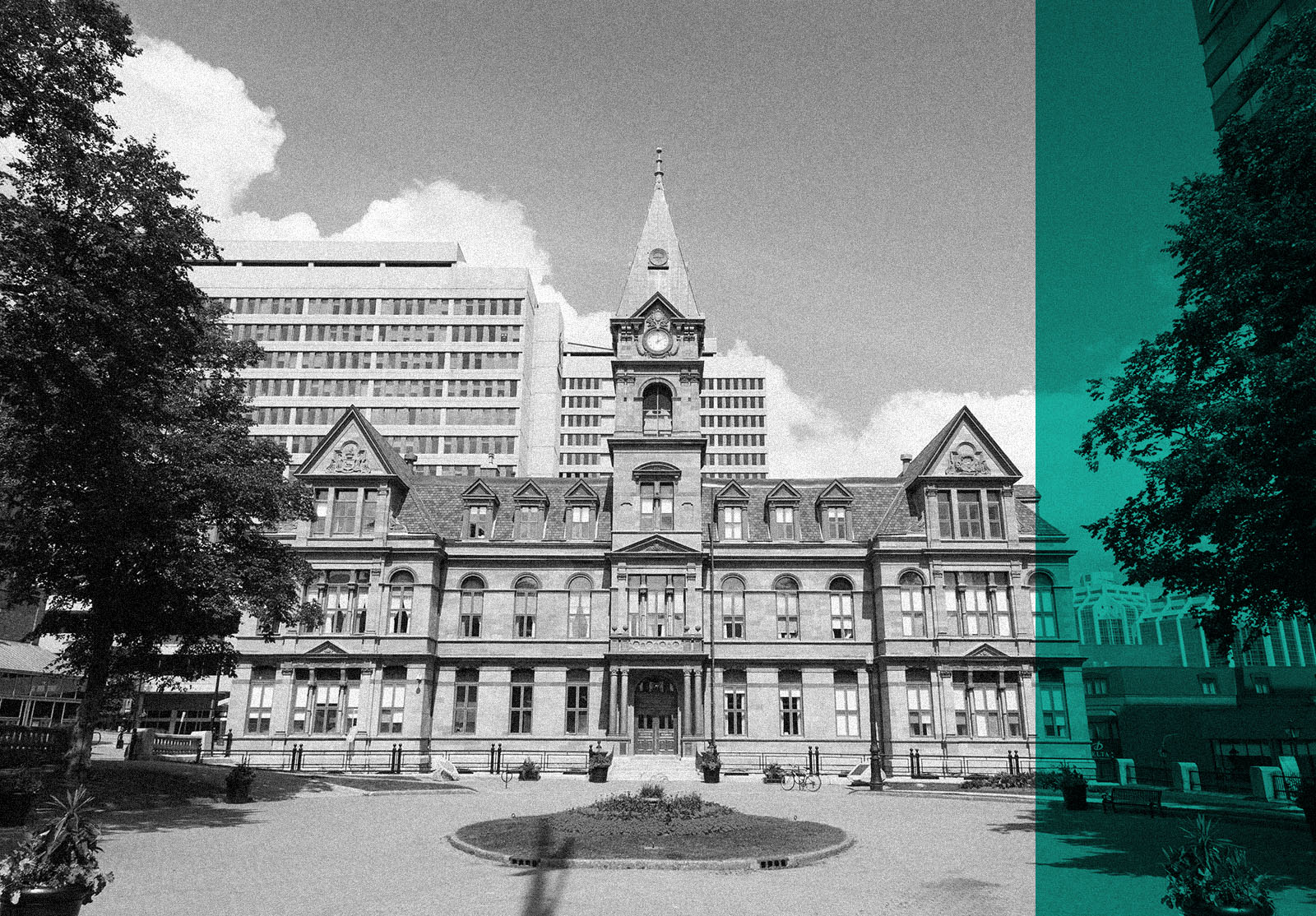 View of the grand parade square with the Fallen Peace Officers Memorial and the City Hall, in Halifax, Nova Scotia, Canada