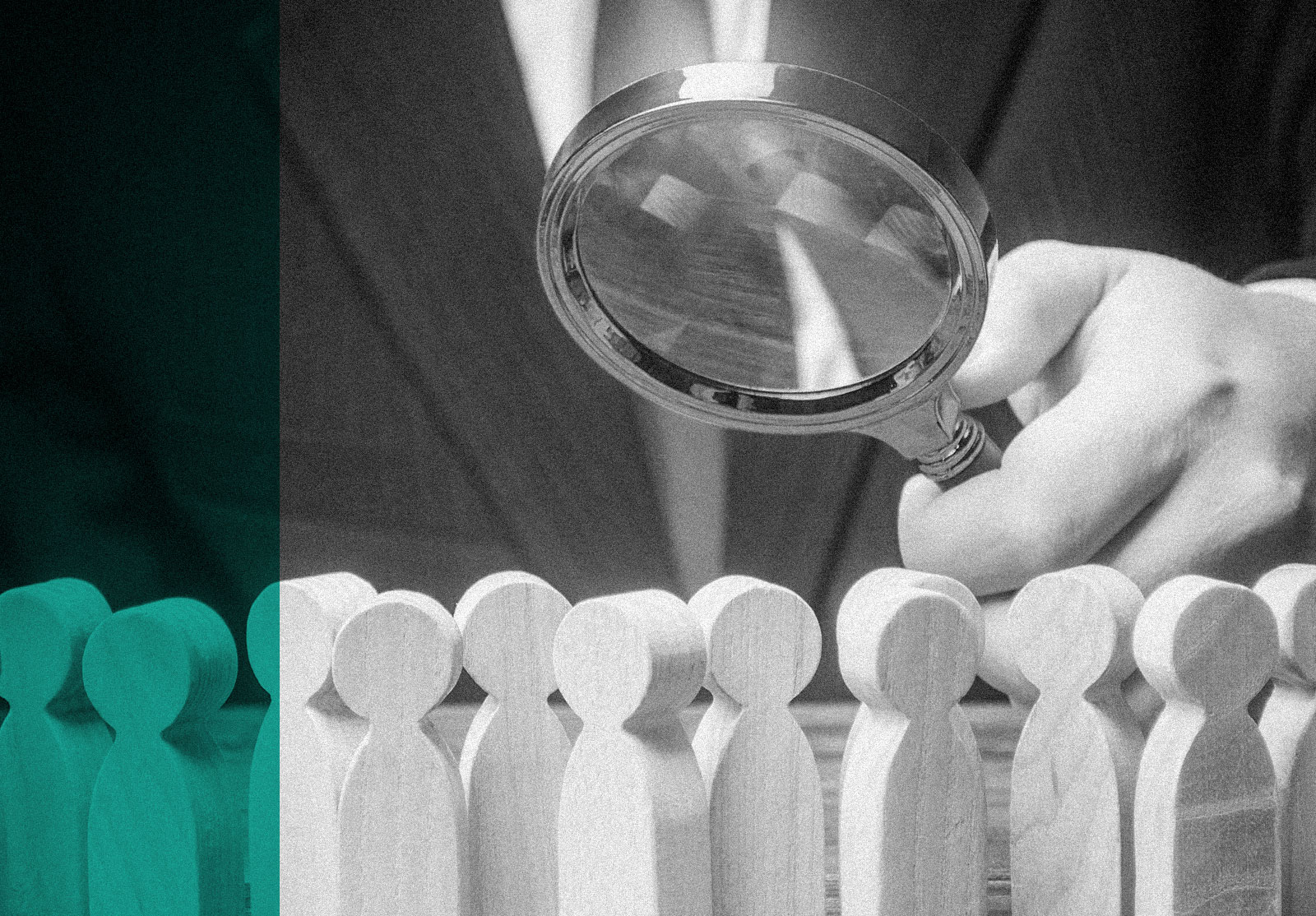 Man holding magnifying glass on top of wooden pieces representing job candidates