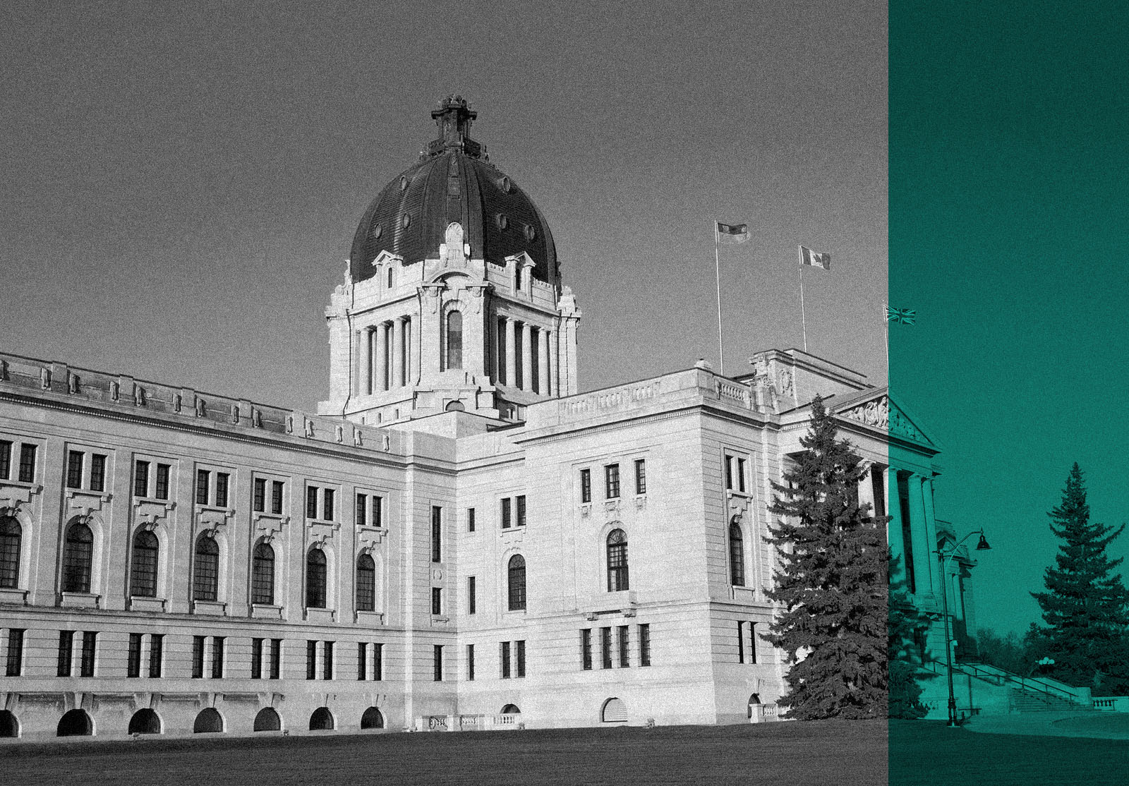 Saskatchewan Legislative Building with flags flying