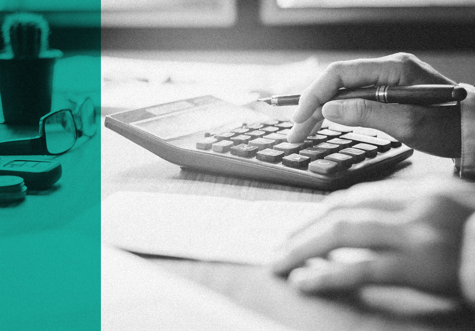 Businessman's hands with calculator and cost at the office and Financial data analyzing counting on wood desk