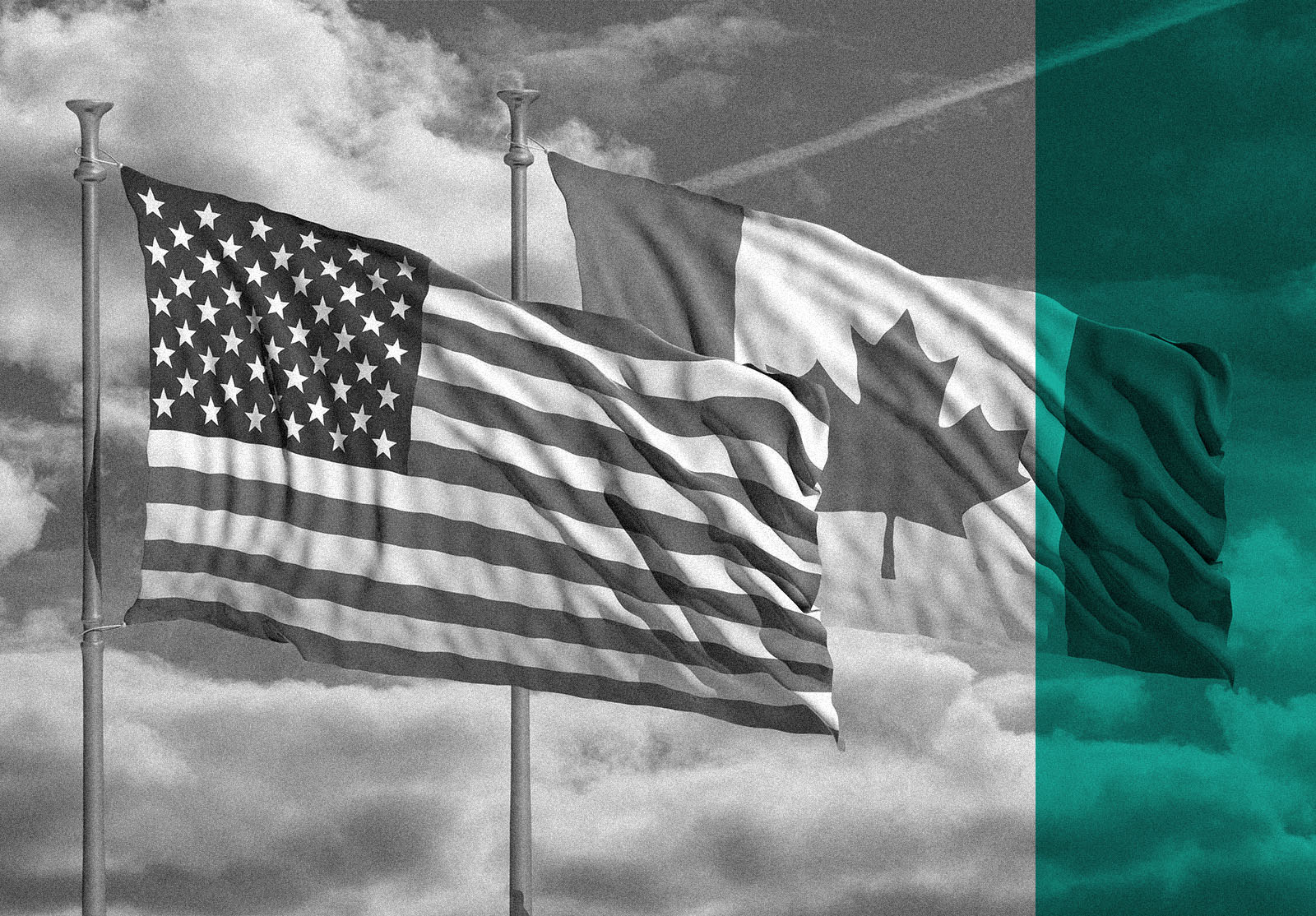 USA and Canada waving flags on blue sky background . 3d illustration