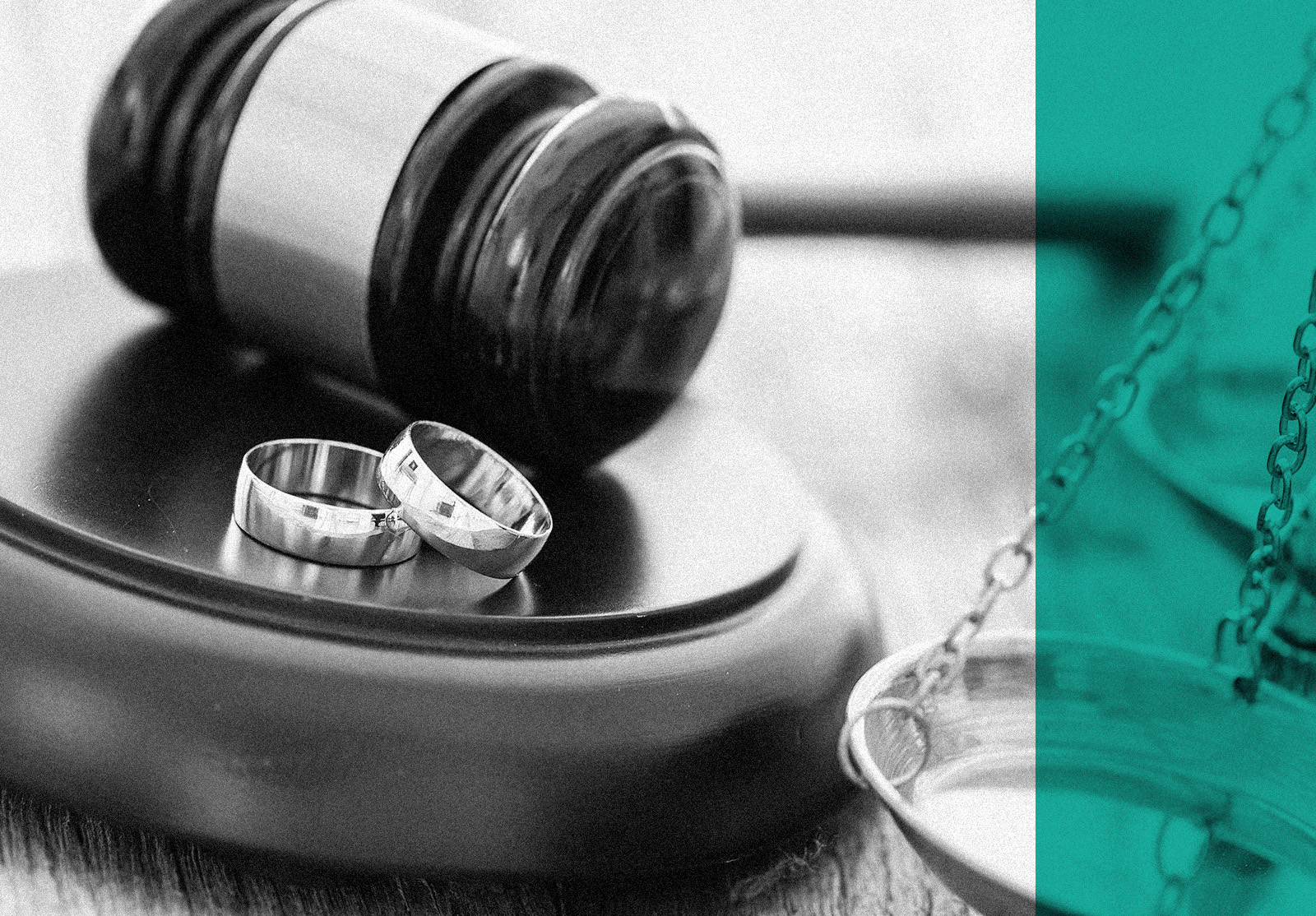 Divorce concept with gavel and wedding rings