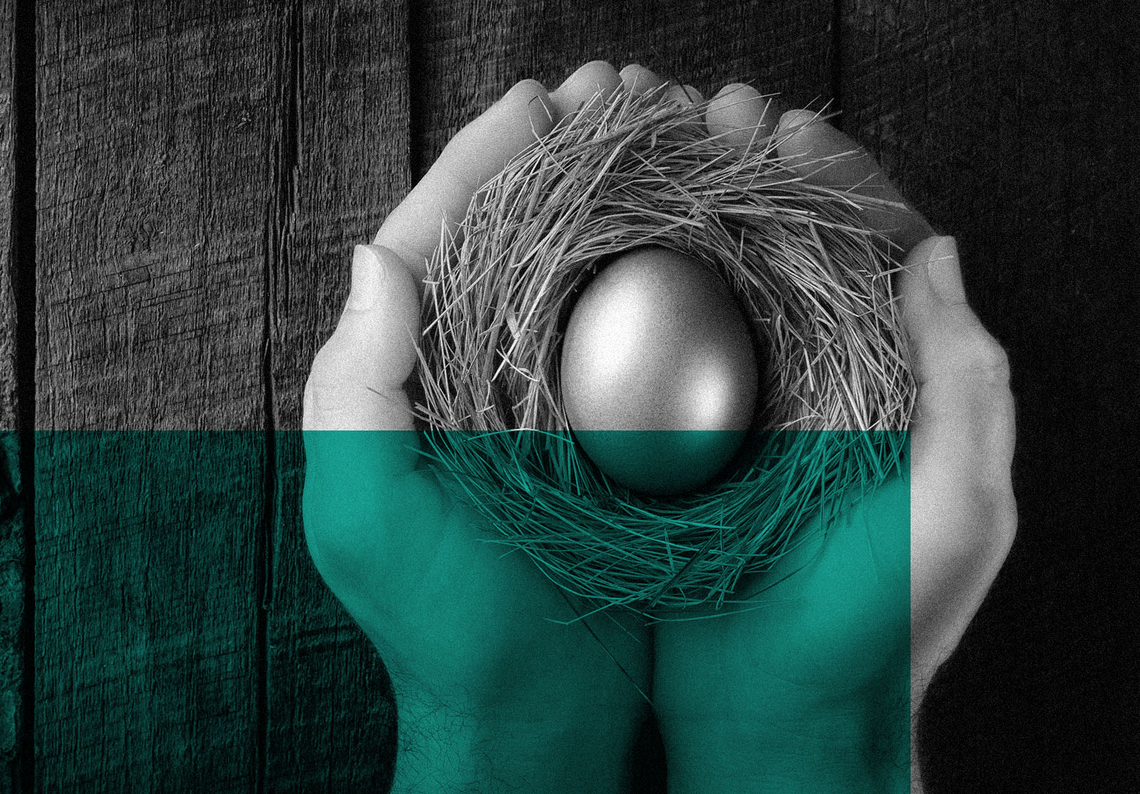 Protecting Hands Holding Golden Nest Egg On Wooden Table