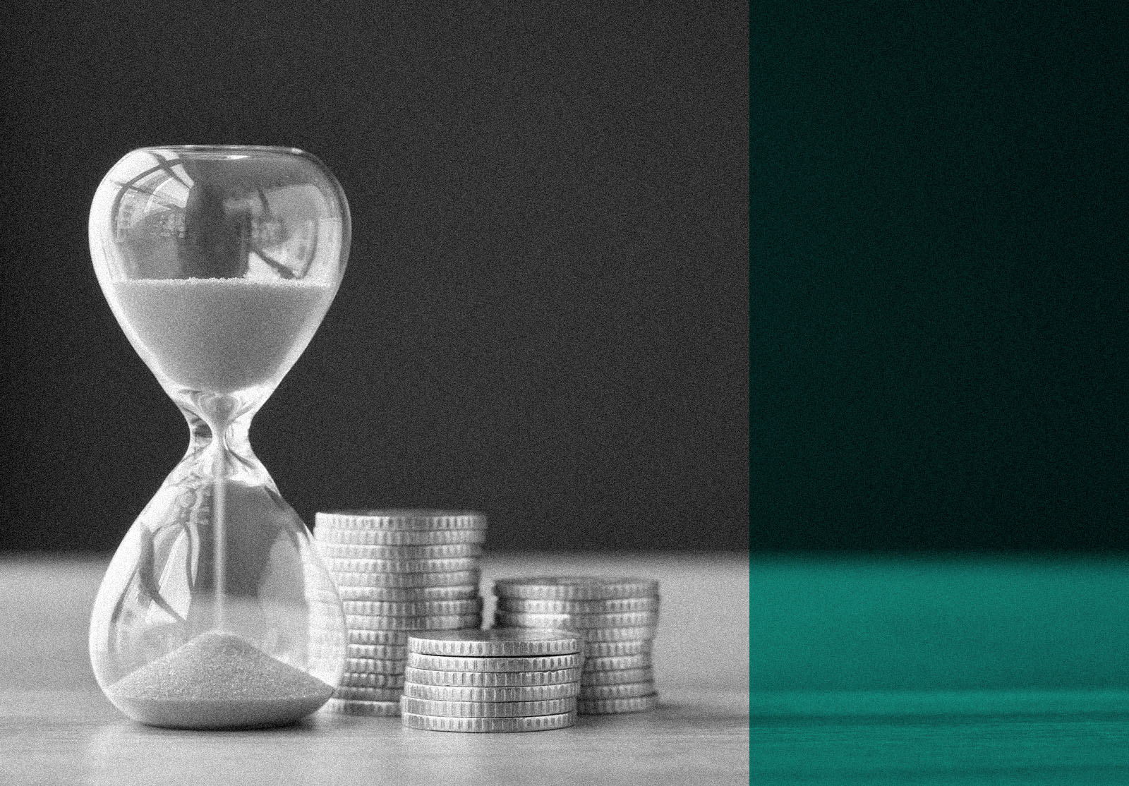 Sand timer and stack of coins.