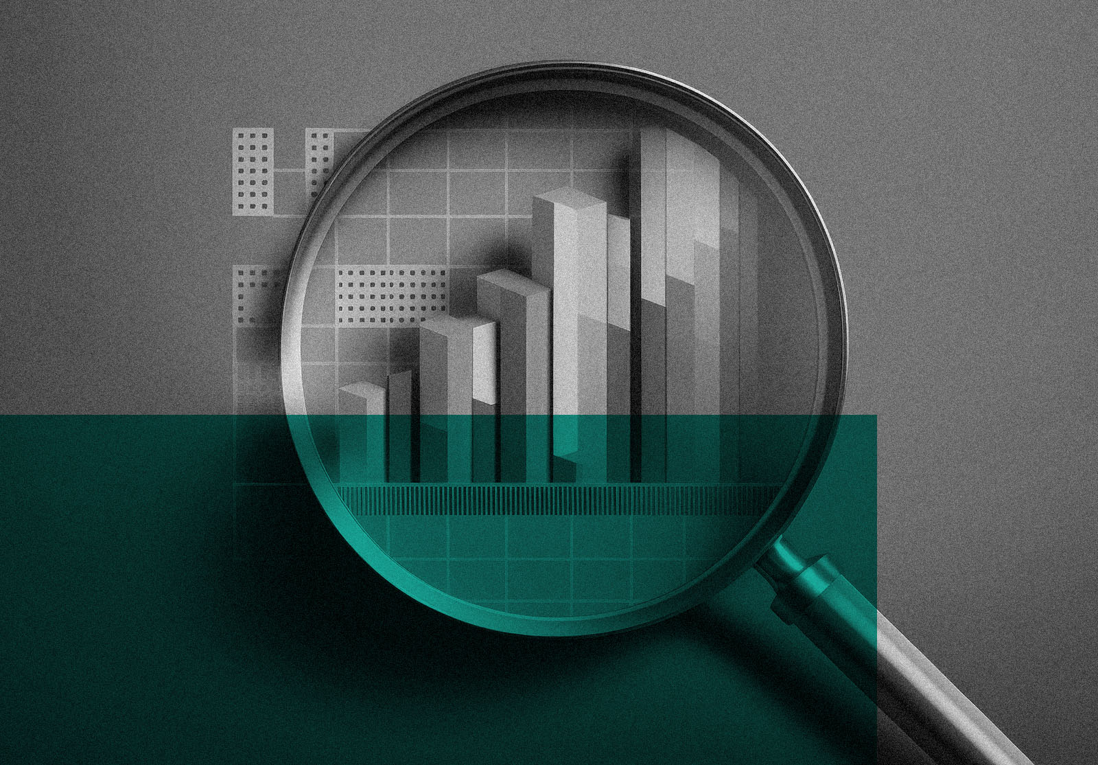 Magnifying glass and bar chart illustration, stock exchange