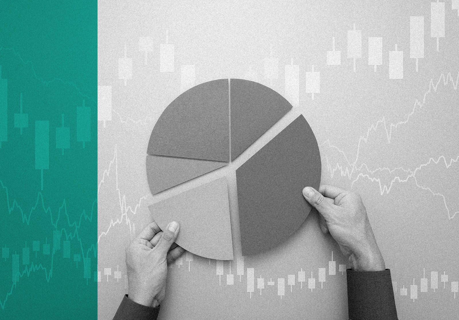 Strategy of diversified investment. Investor managing portfolio. Pie chart and candlestick charts.