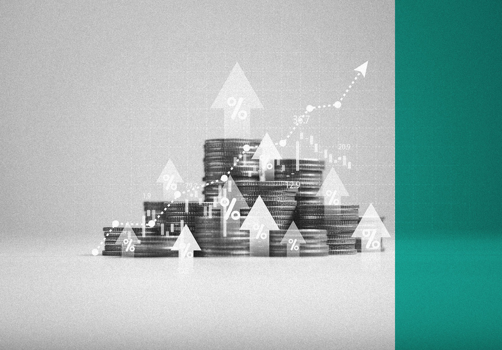 Heap of coins money with up arrow and stock market chart for financial banking increase interest rate or mortgage investment dividend from business growth concept.