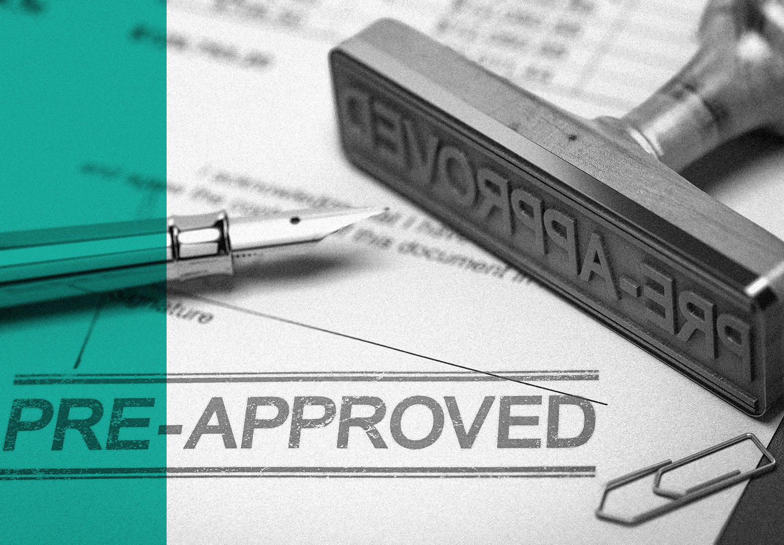 Printed document with rubber stamp and the word pre-approved. Concept of mortgage or loan pre-approval. 3D illustration.