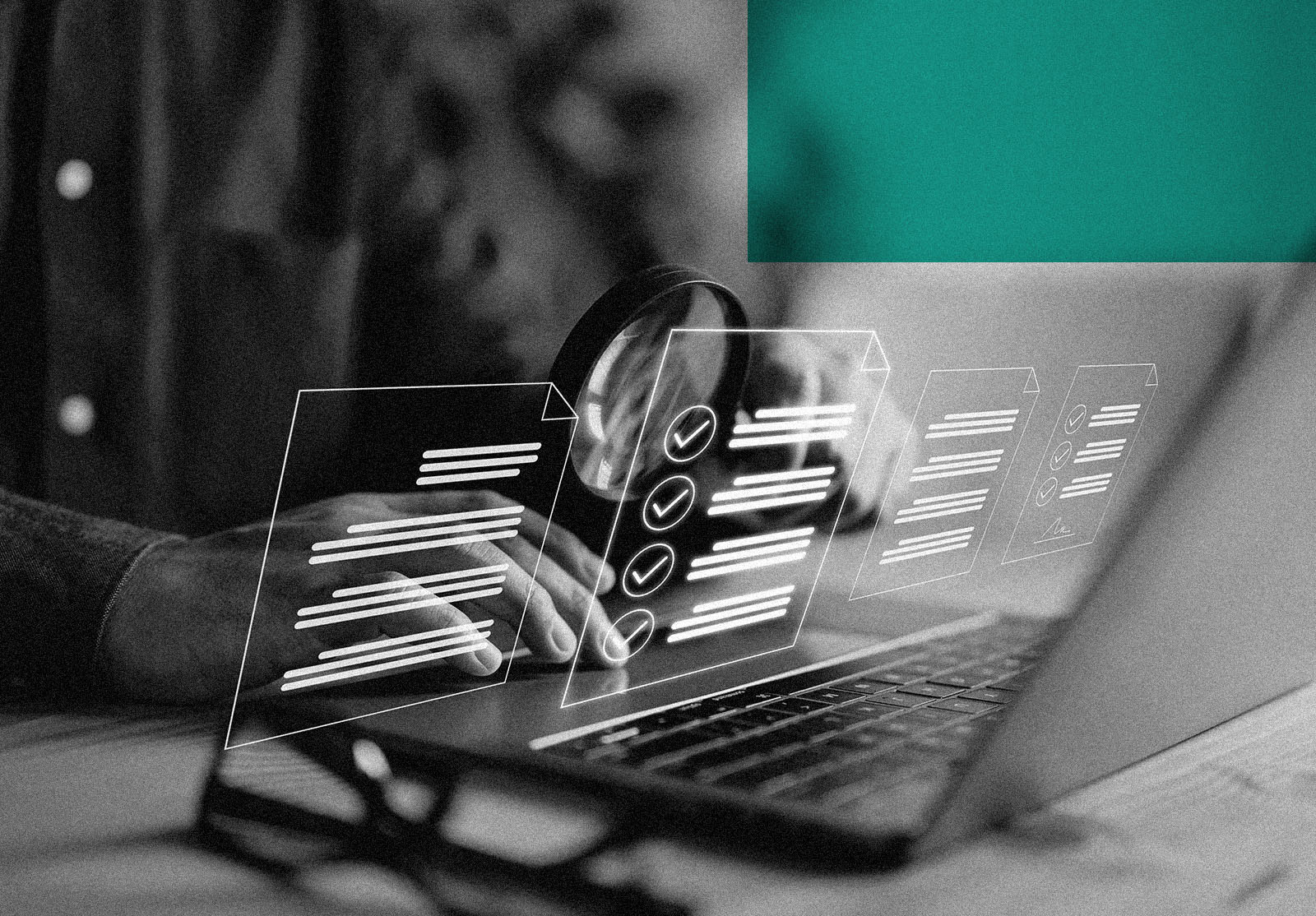 A man examines a digital document using a magnifying glass