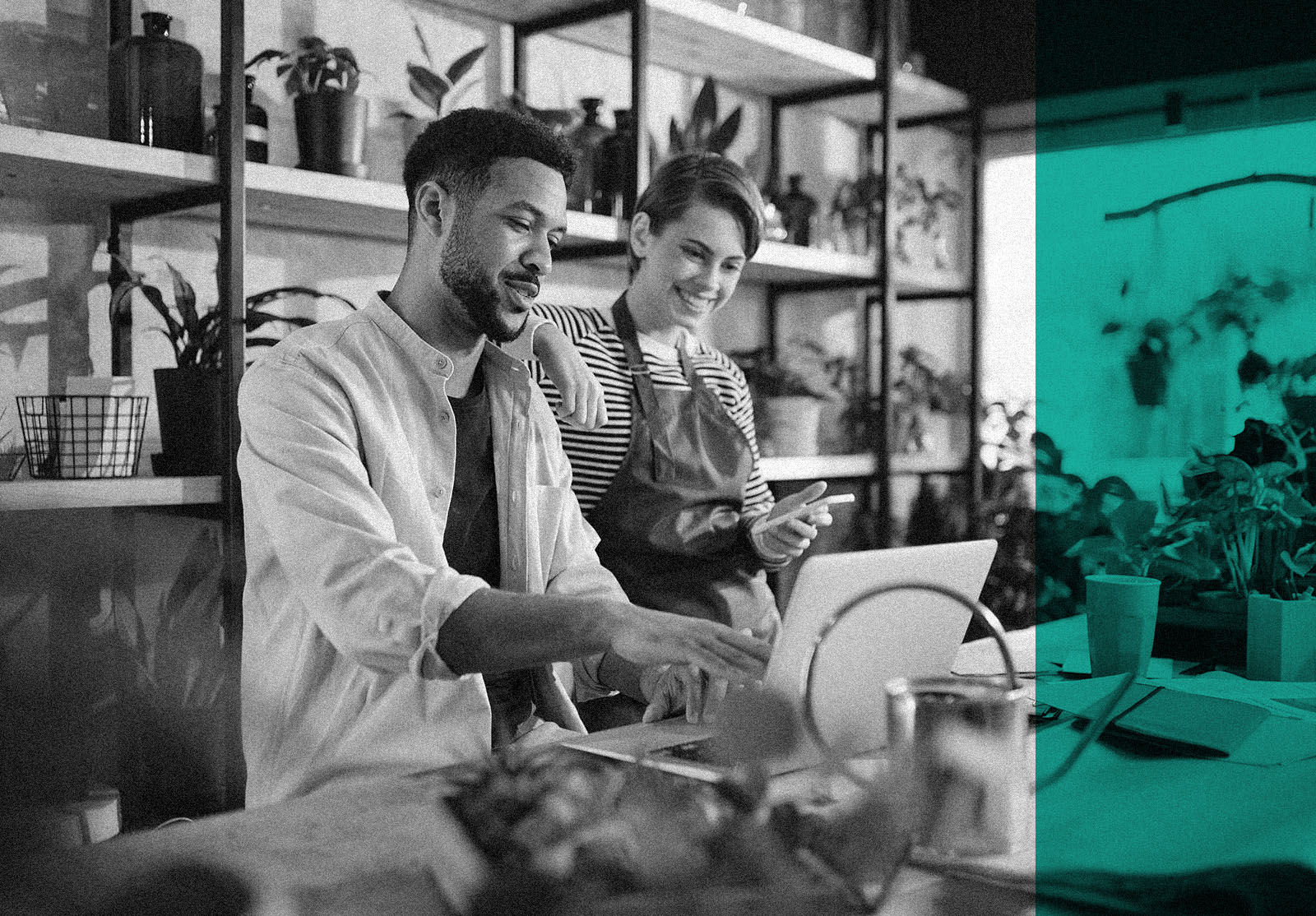 Business owners with laptop working in potted plant store