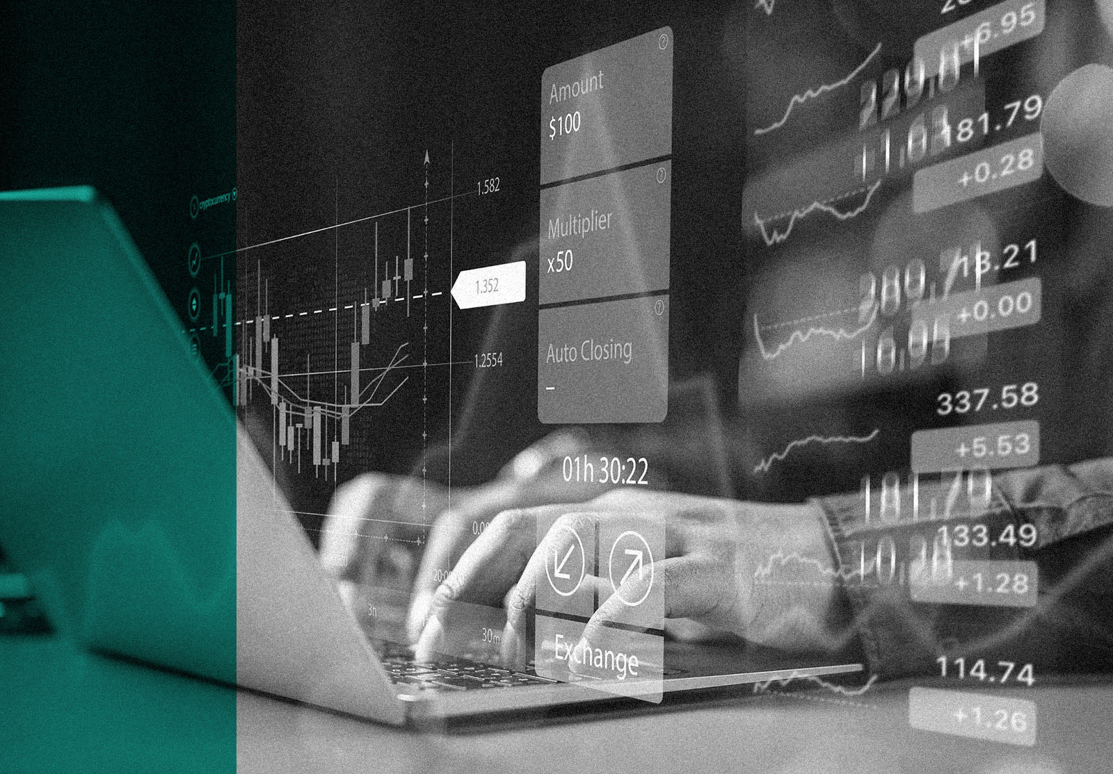 Concept Planning and strategy, Stock market, Hands of business people working at coffee shop. Technical price graph and indicator, Red and green candlestick chart and stock trading computer screen.