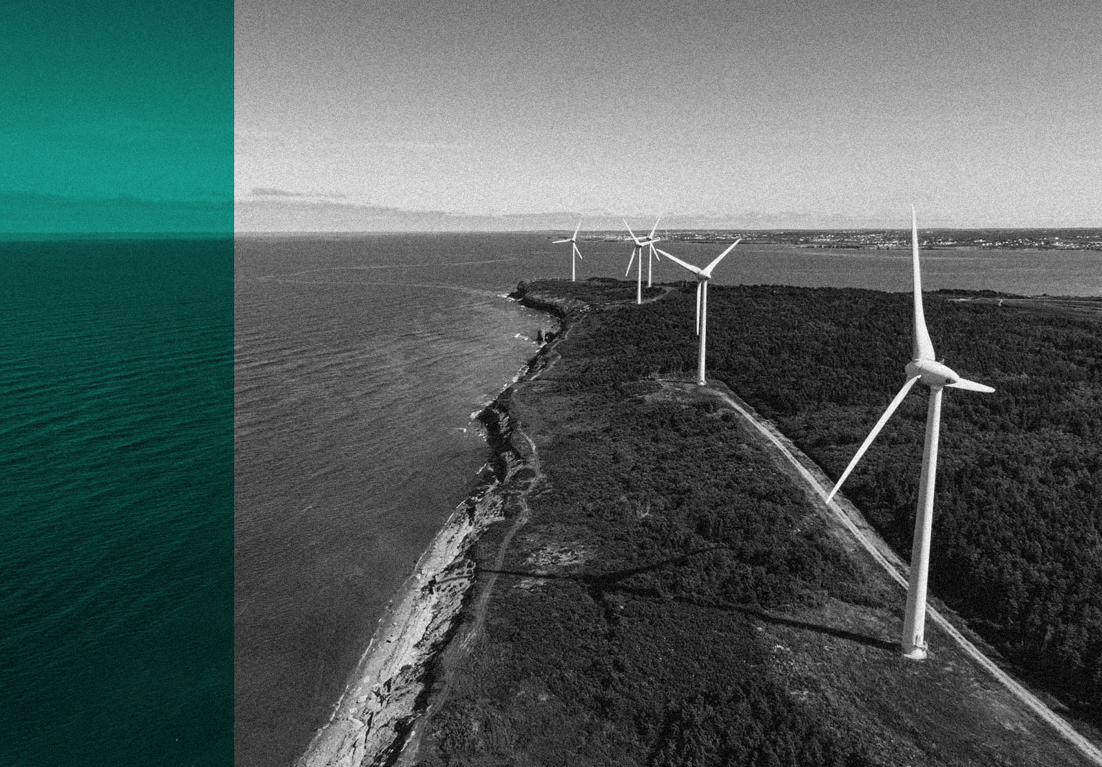 Aerial drone view of a wind farm on the Atlantic coast.